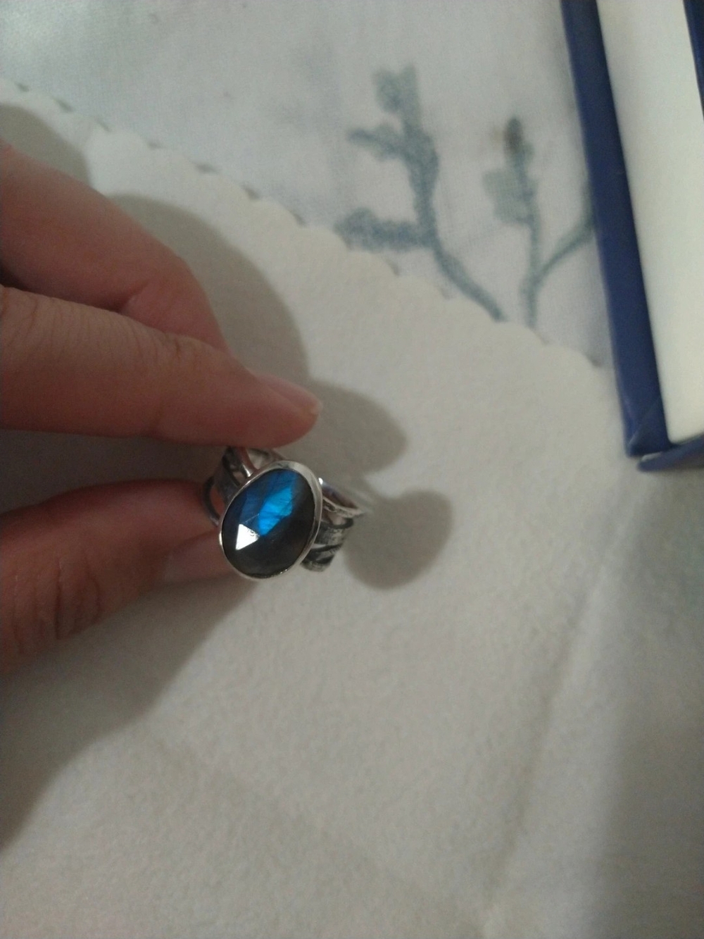 Silver Ring 6.5 with Blue Oval Faceted Labradorite Stone
